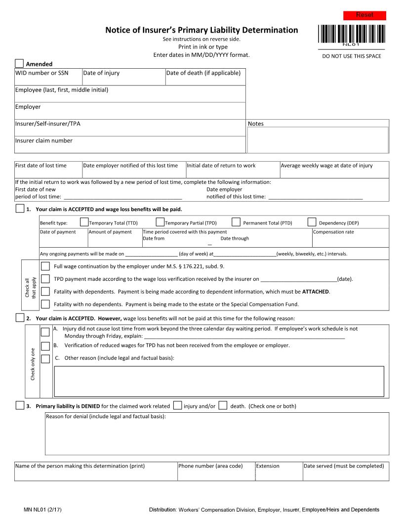 Notice Of Insurers Primary Liability Determination {NL01} | Pdf Fpdf Docx | Minnesota