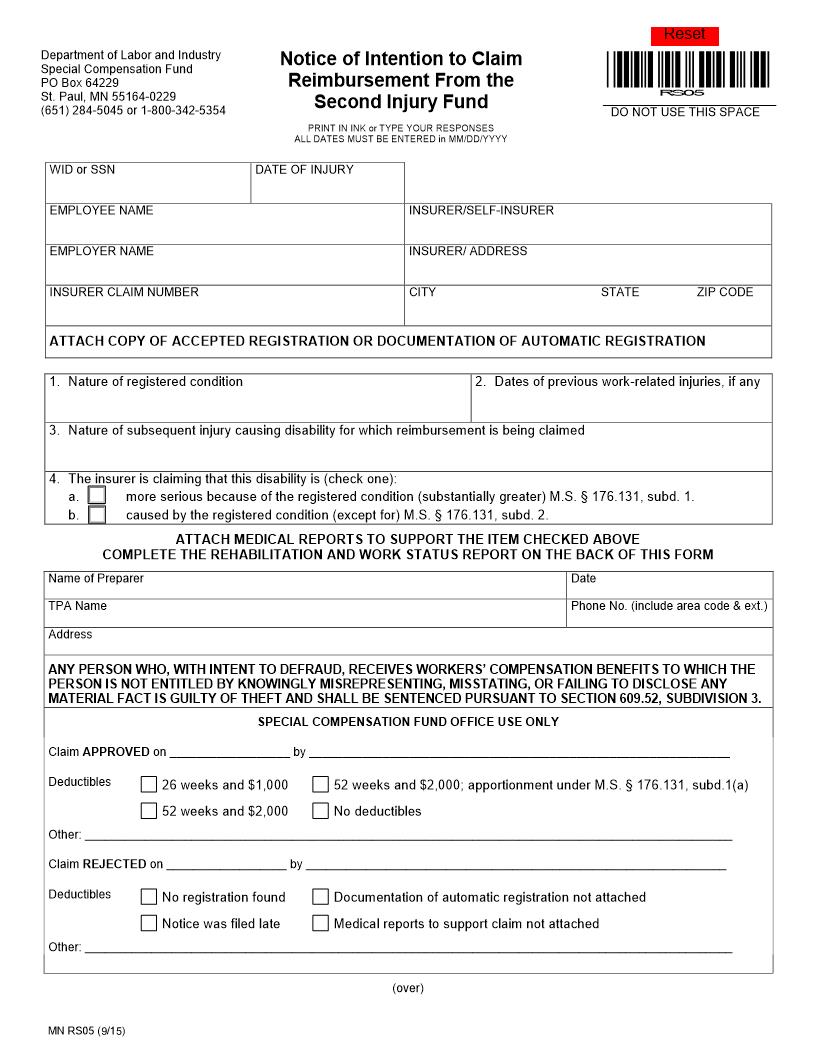 Notice Of Intention To Claim Reimbursement From Second Injury Fund {RS05} | Pdf Fpdf Doc Docx | Minnesota