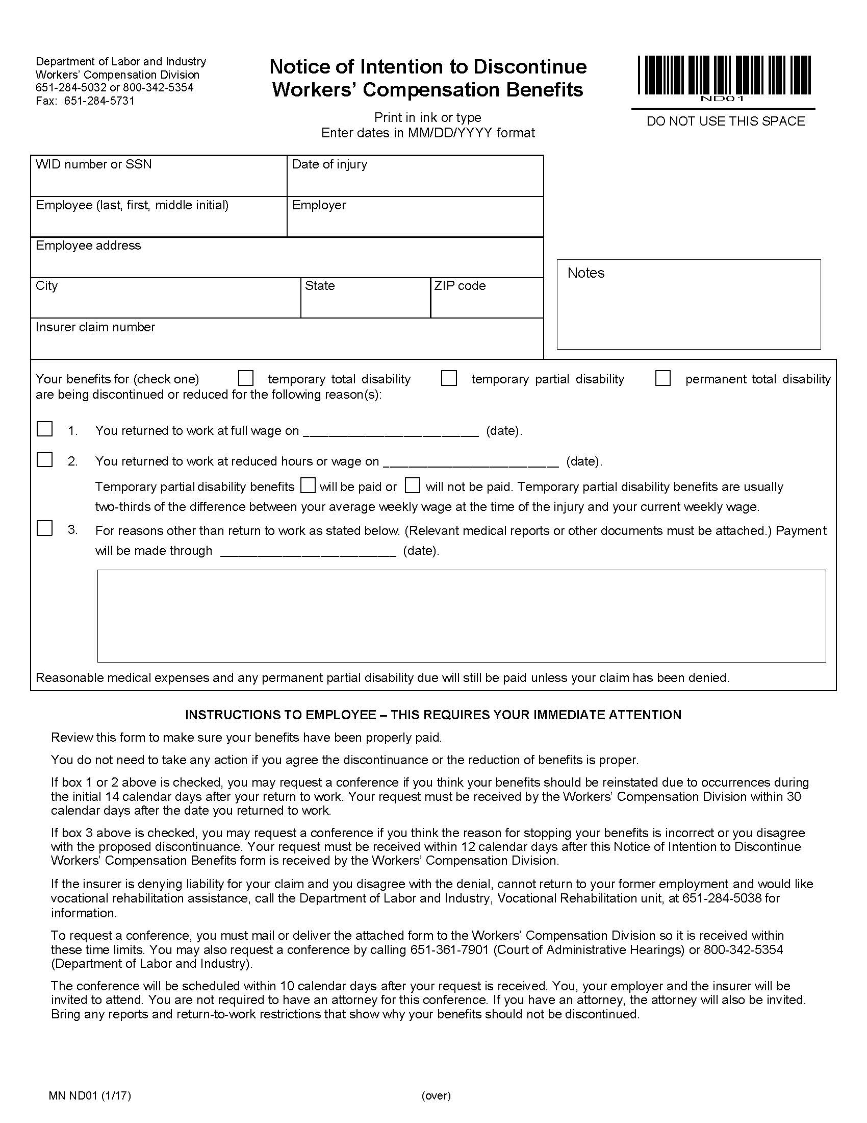 Notice Of Intention To Discontinue Workers Compensation Benefits {ND01} | Pdf Fpdf Doc Docx | Minnesota