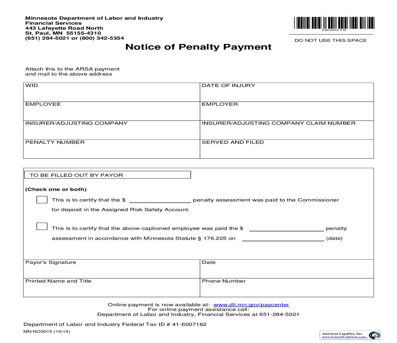 Notice Of Penalty Payment {NO0015} | Pdf Fpdf Doc Docx | Minnesota