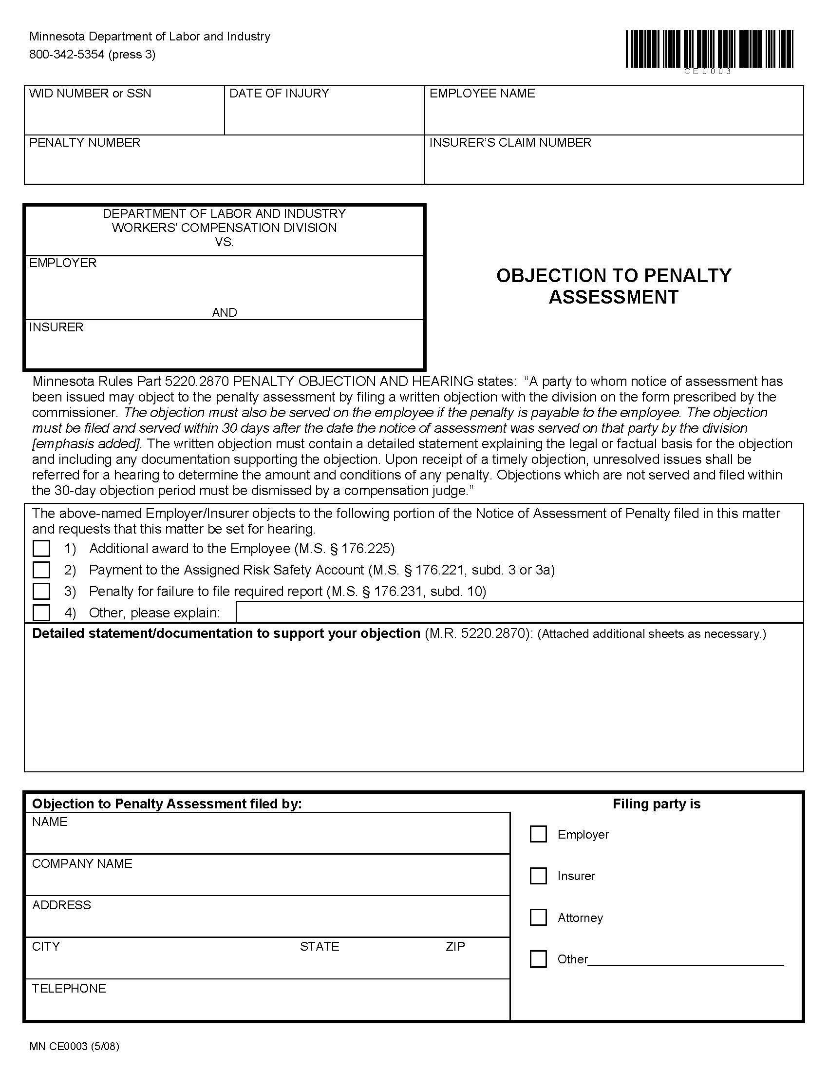 Objection To Penalty Assessment {CE0003} | Pdf Fpdf Doc Docx | Minnesota