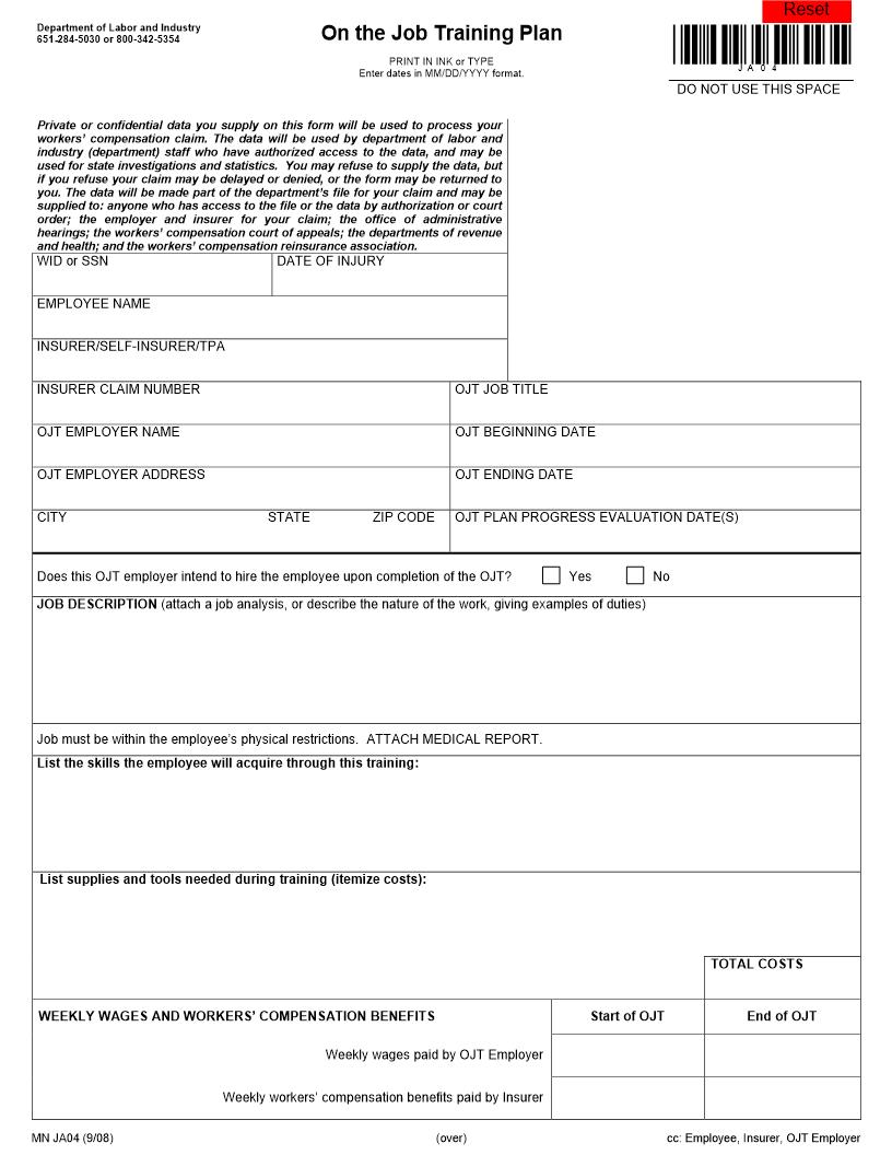 On The Job Training Plan {JA04} | Pdf Fpdf Doc Docx | Minnesota