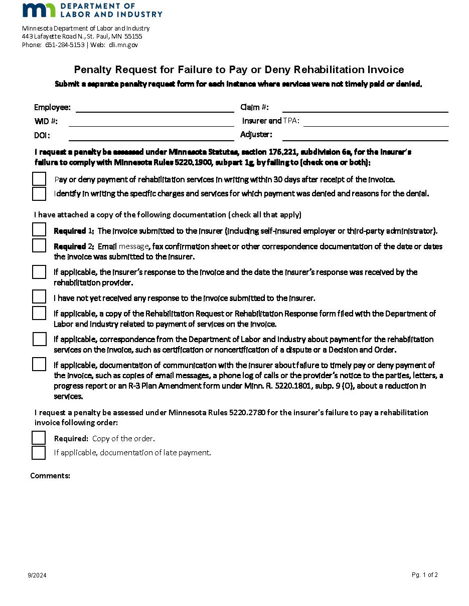 Penalty Request For Failure To Pay Or Deny Rehabilitation Invoice | Pdf Fpdf Docx | Minnesota