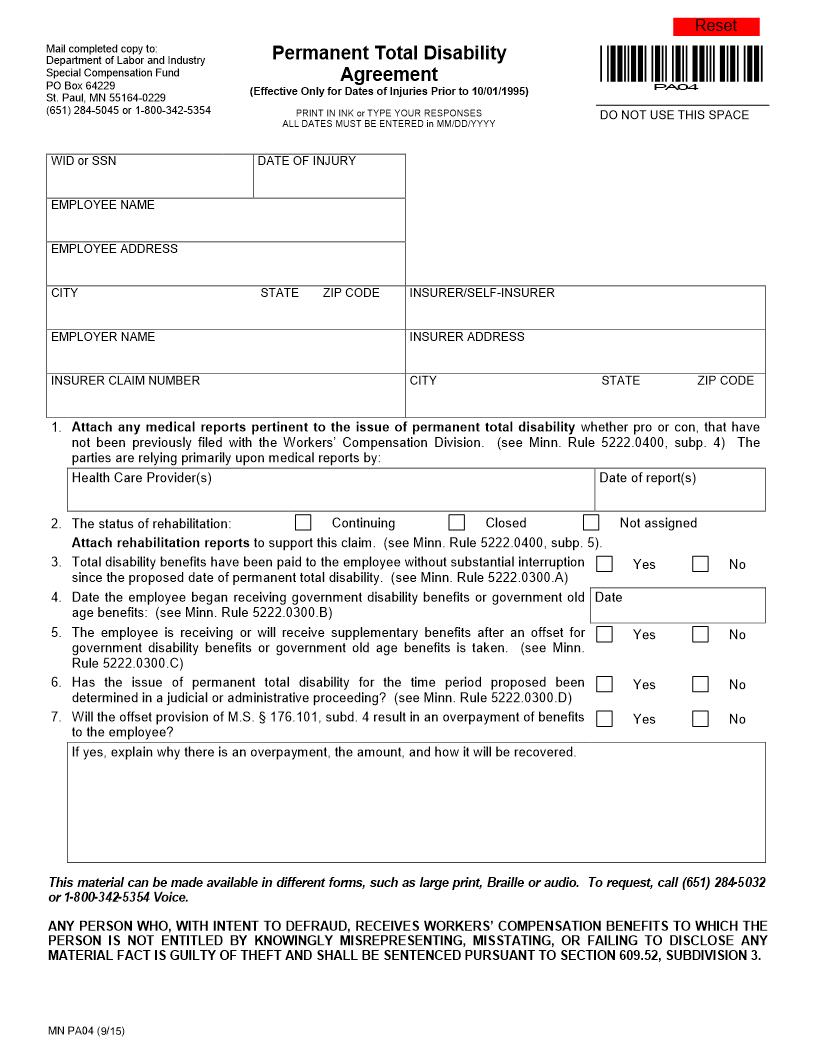 Permanent Total Disability Agreement {PA04} | Pdf Fpdf Doc Docx | Minnesota