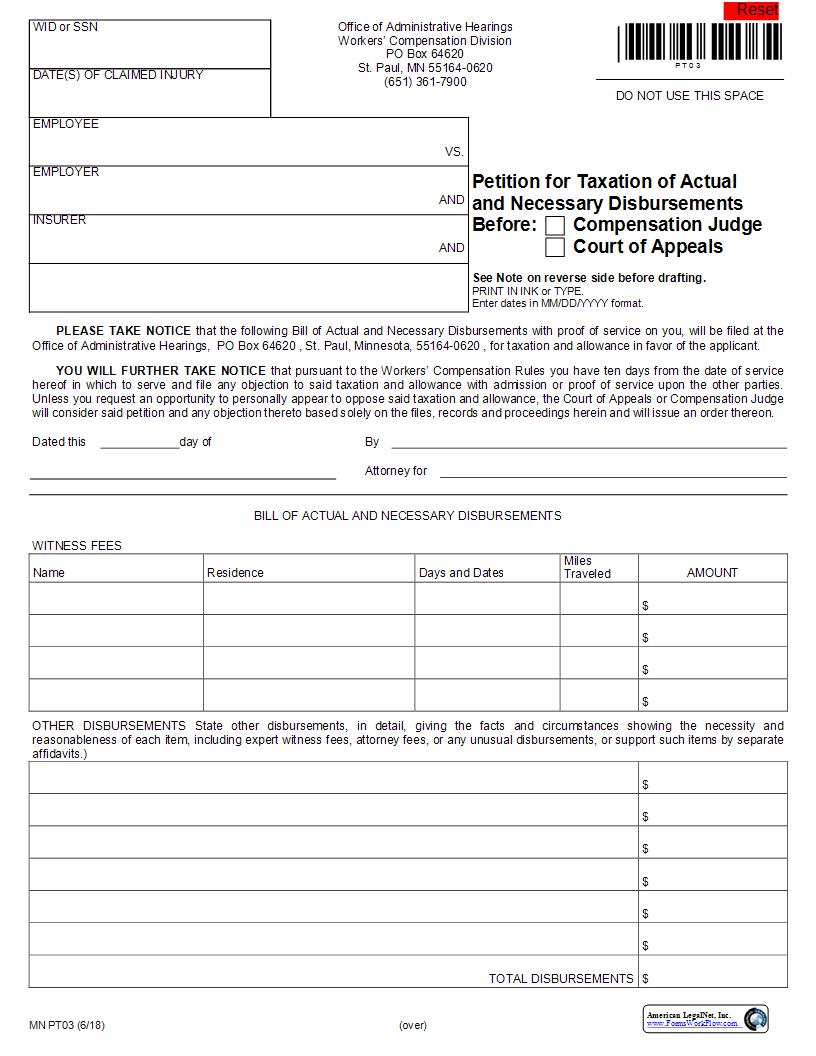 Petition For Taxation Of Actual And Necessary Disbursements {PT03} | Pdf Fpdf Docx | Minnesota