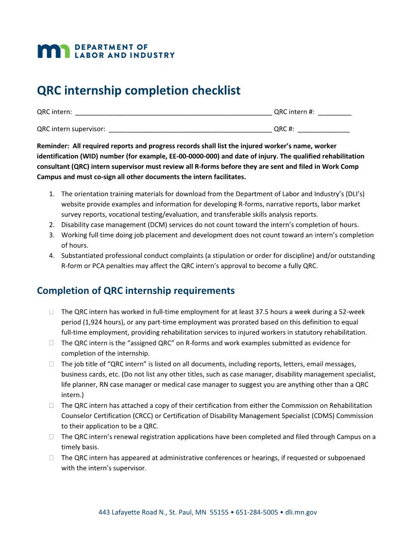 Qualified Rehabilitation Consultant Internship Completion Checklists (QRC) | Pdf Fpdf Doc Docx | Minnesota
