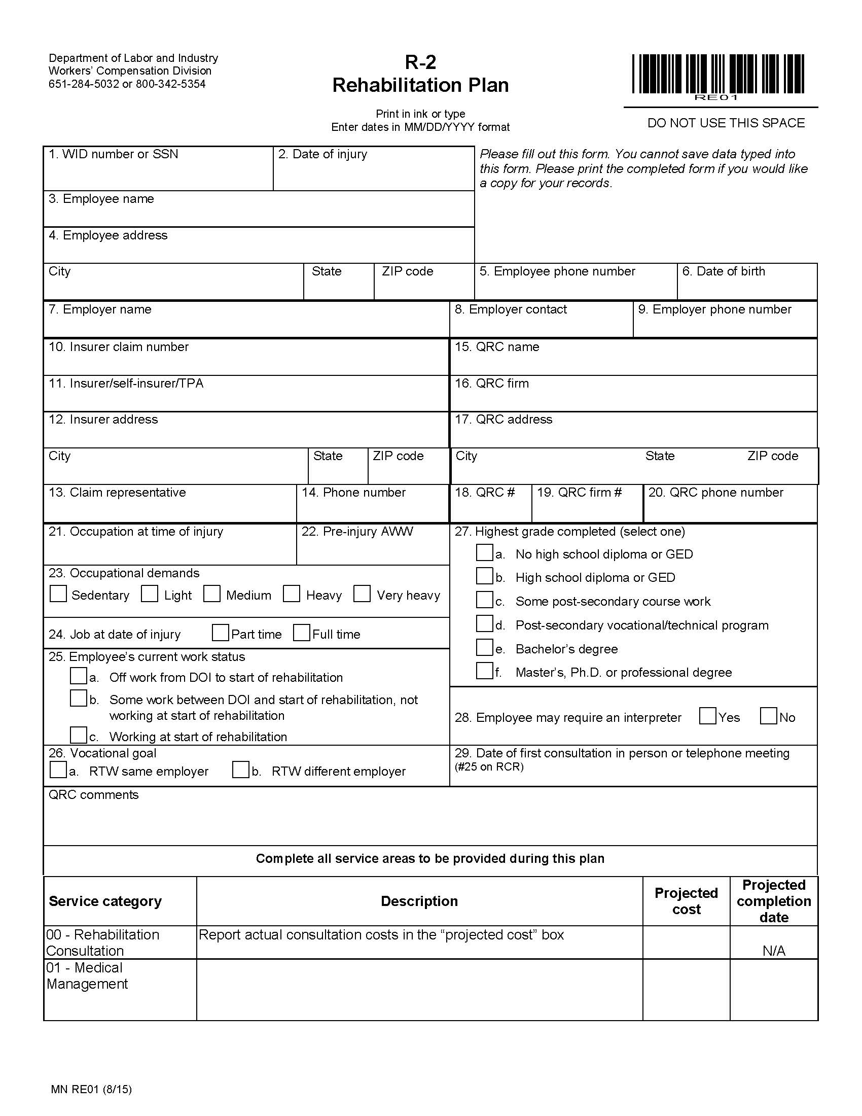 R-2 Rehabilitation Plan {RE01} | Pdf Fpdf Doc Docx | Minnesota