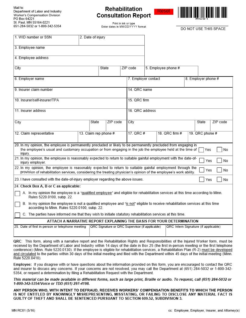 Rehabilitation Consultation Report {RC01} | Pdf Fpdf Doc Docx | Minnesota