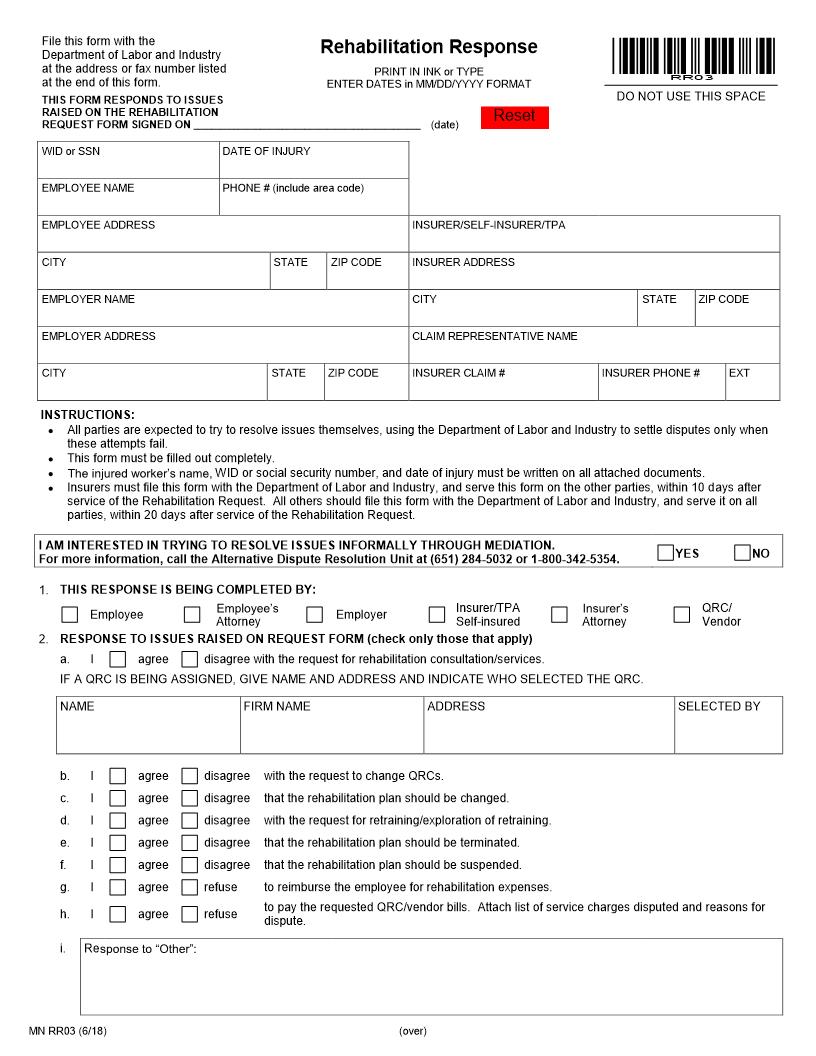 Rehabilitation Response {RR03} | Pdf Fpdf Docx | Minnesota