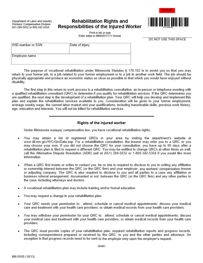 Rehabilitation Rights And Responsibilities Of Injured Worker {IW05} | Pdf Fpdf Doc Docx | Minnesota