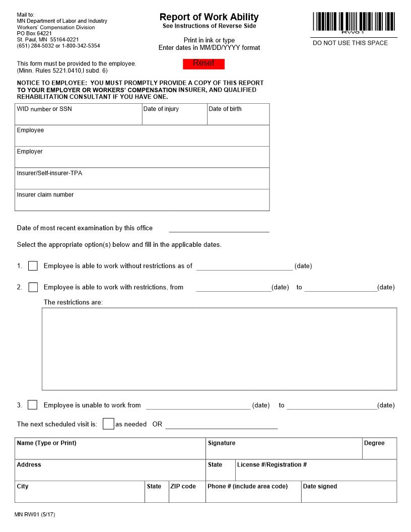 Report Of Work Ability {RW01} | Pdf Fpdf Doc Docx | Minnesota
