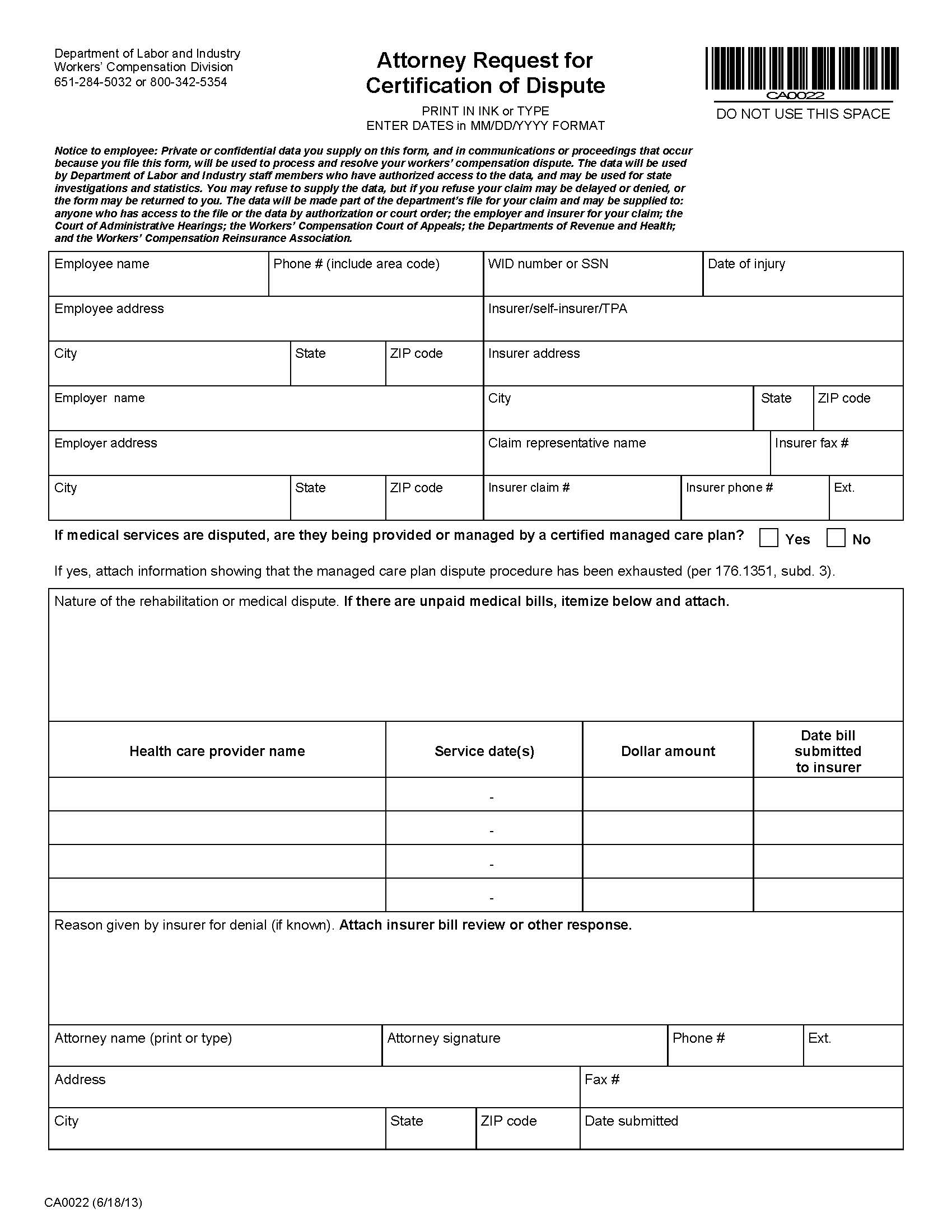 Request For Certification Of Dispute {CA0022} | Pdf Fpdf Doc Docx | Minnesota