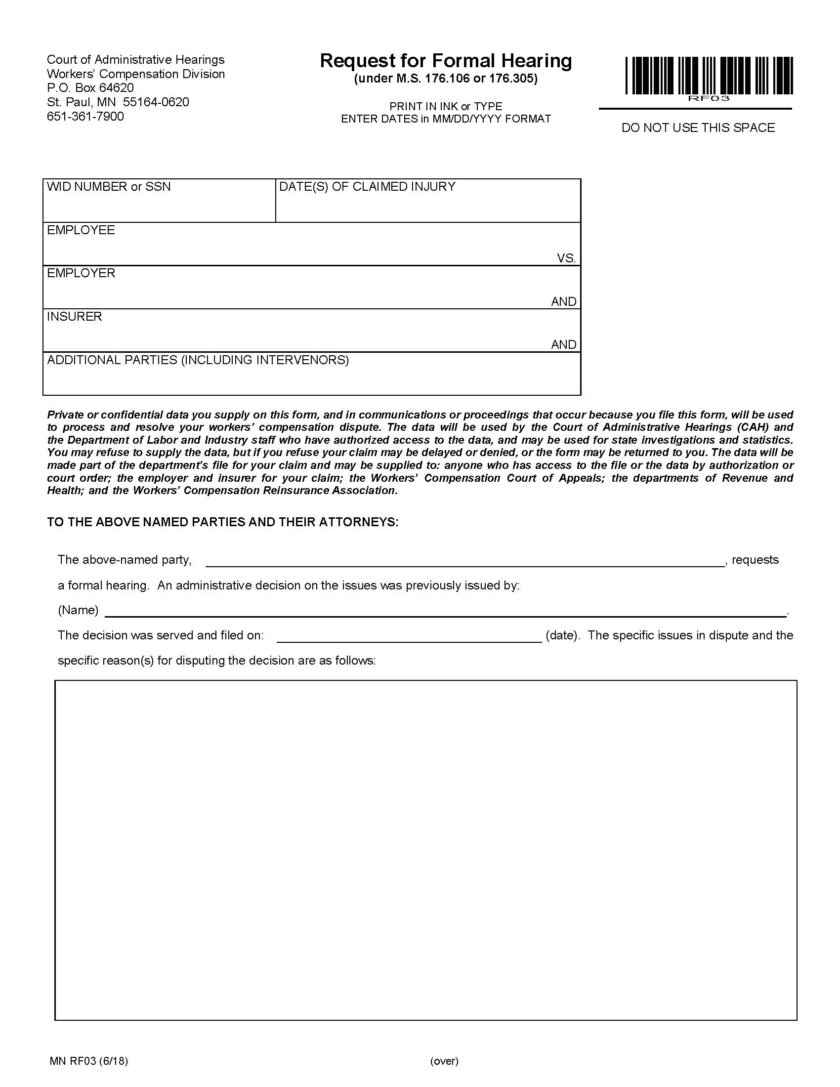 Request For Formal Hearing {RF03} | Pdf Fpdf Docx | Minnesota