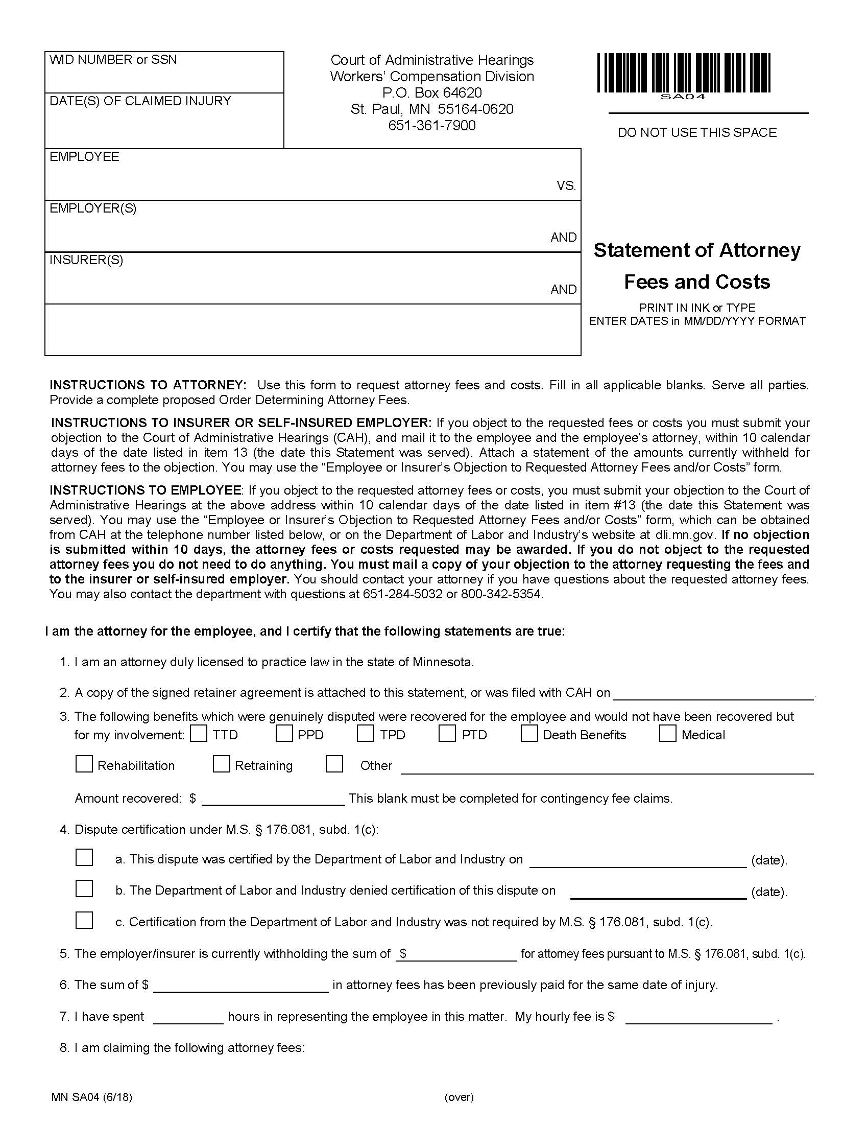 Statement Of Attorney Fees And Costs {SA04} | Pdf Fpdf Docx | Minnesota