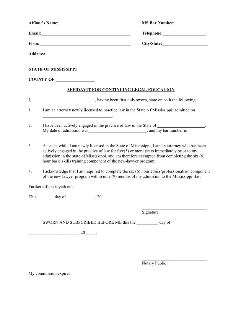 Affidavit For Continuing Legal Education | Pdf Fpdf Docx | Mississippi