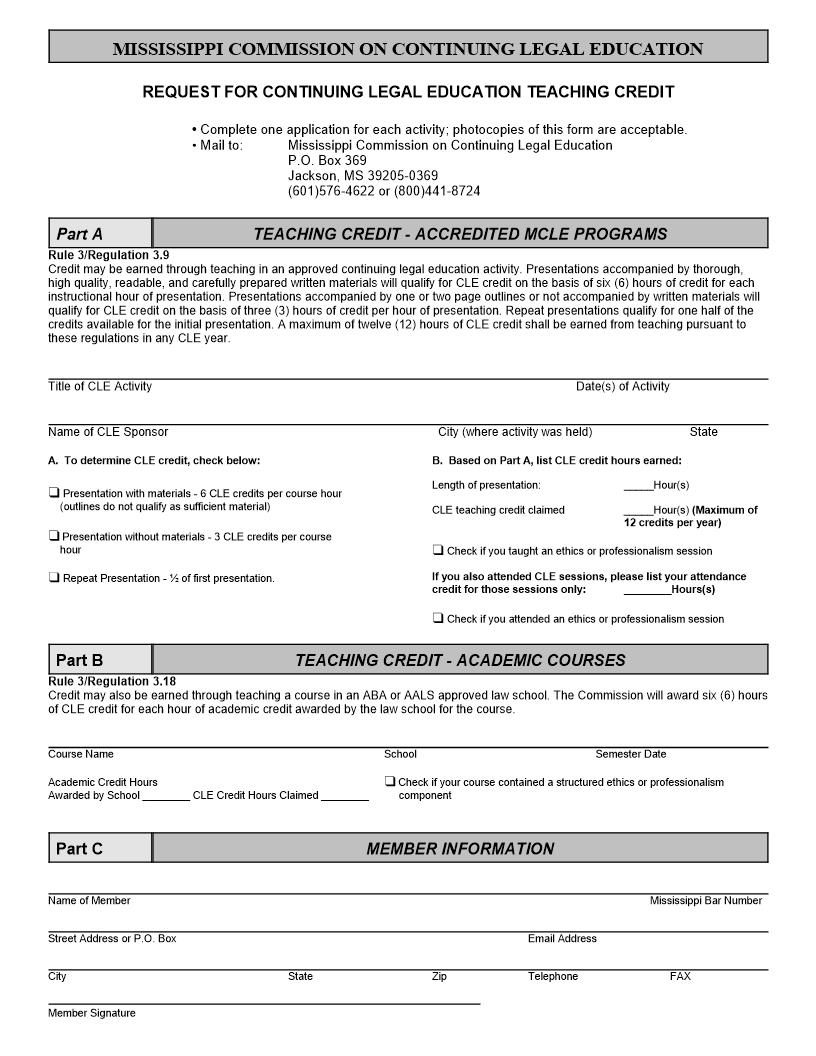 Request For Continuing Legal Education Teaching Credit | Pdf Fpdf Docx | Mississippi