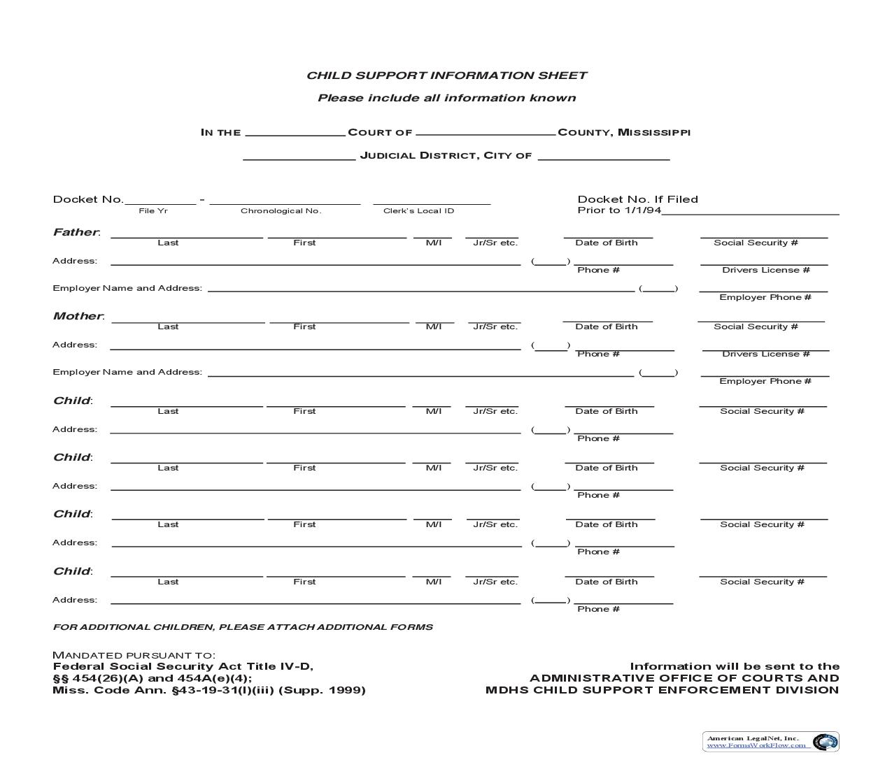 Child Support Information Sheet | Pdf Fpdf Doc Docx | Mississippi