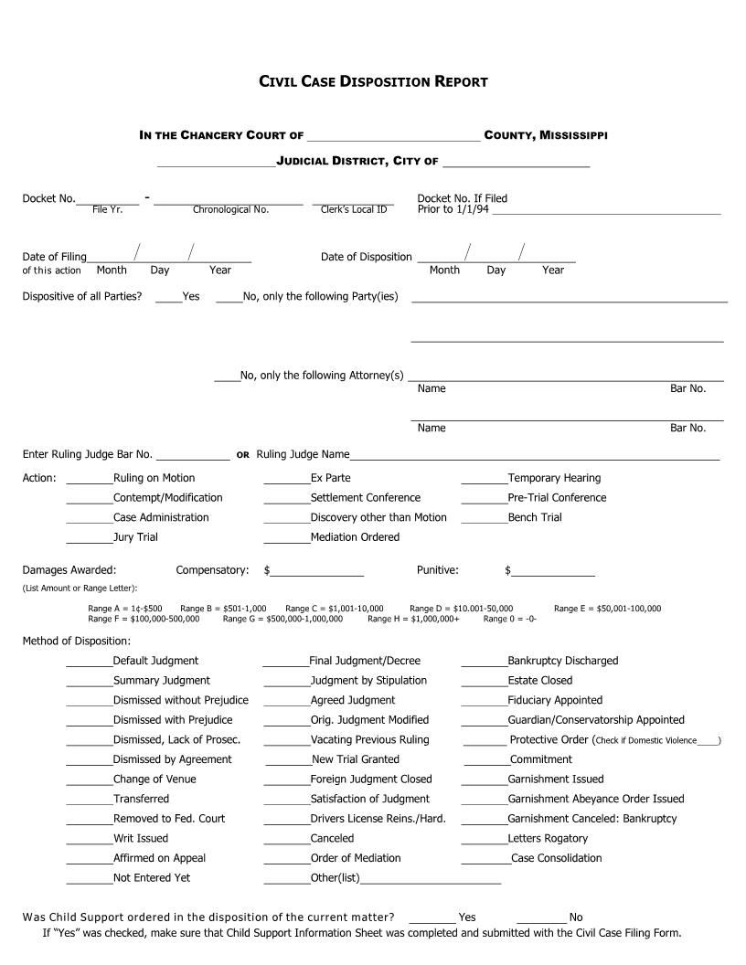 Civil Case Disposition Chancery Form | Pdf Fpdf Docx | Mississippi