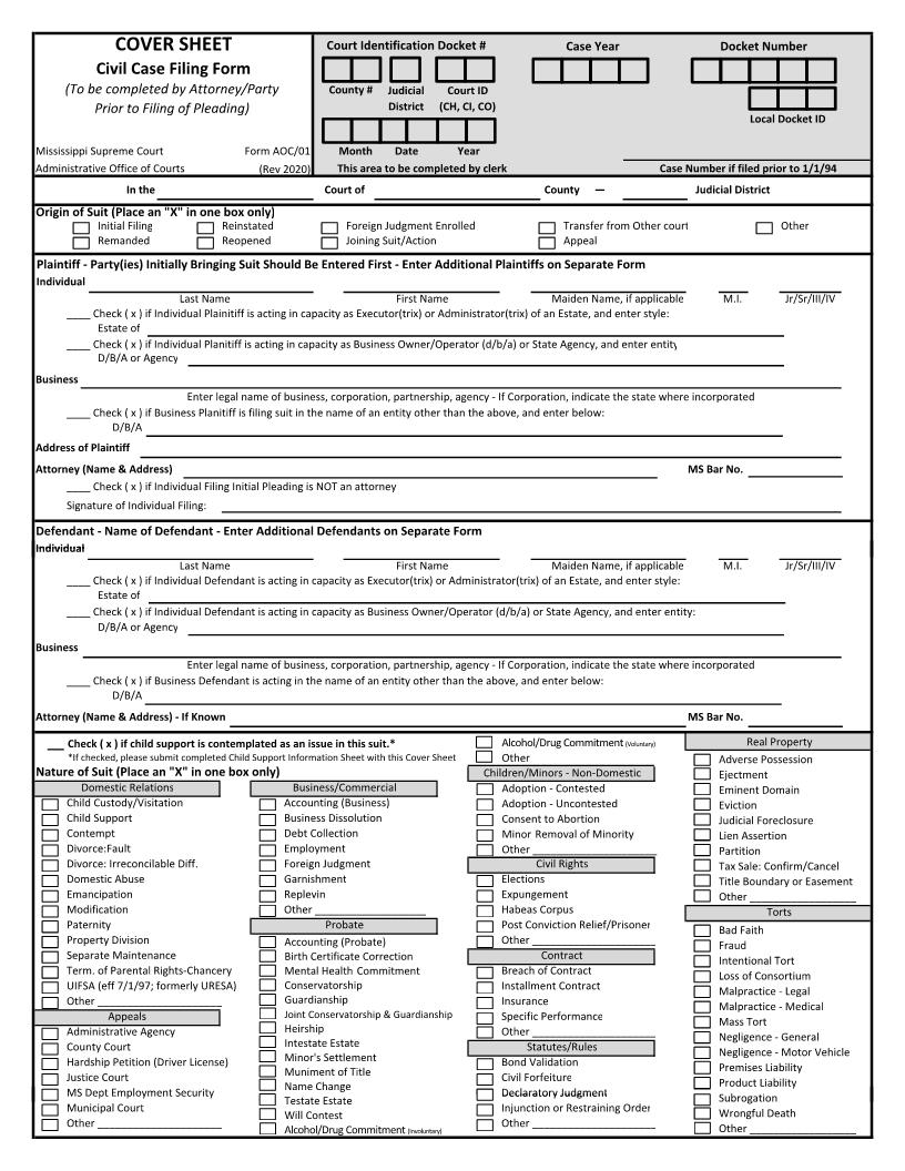 Cover Sheet Civil Case Filing Form | Pdf Fpdf Doc Docx | Mississippi