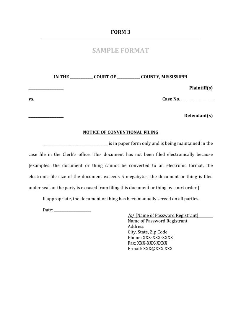 Notice Of Conventional Filing | Pdf Fpdf Docx | Mississippi