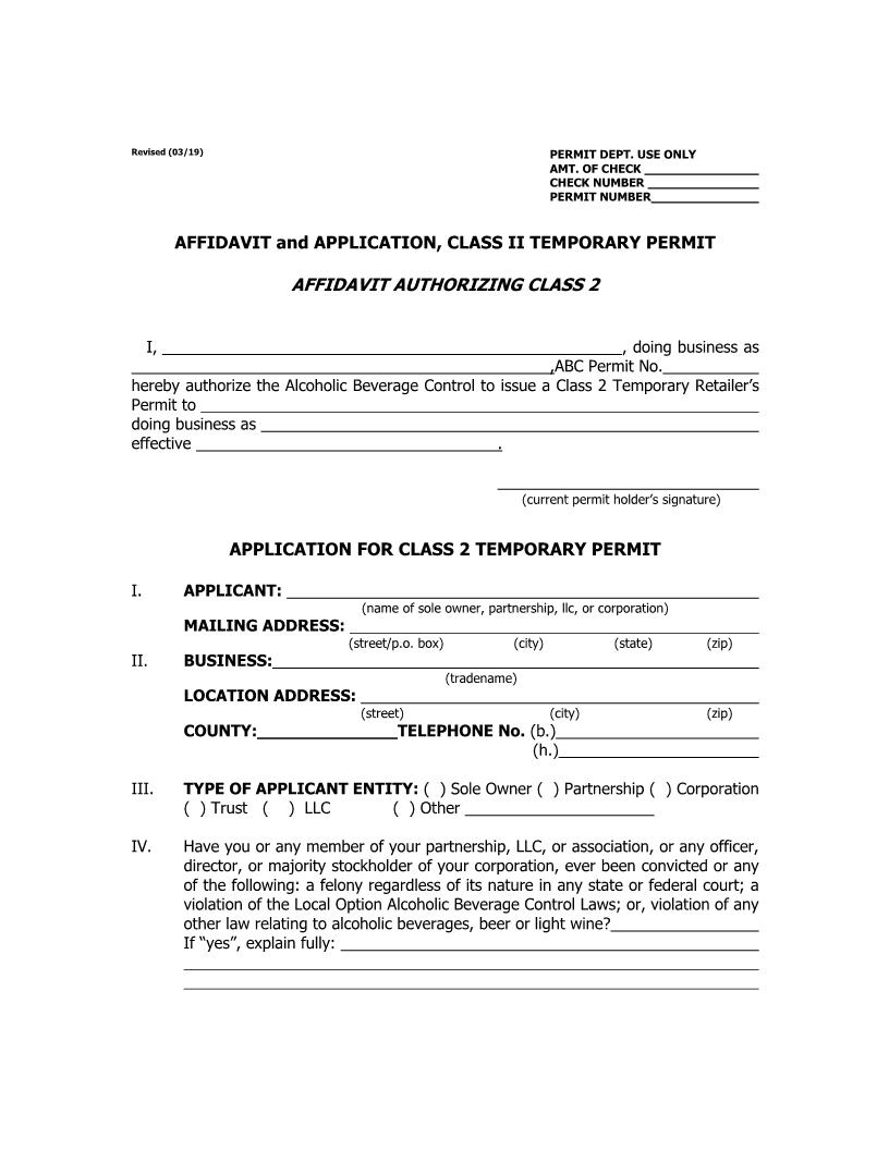 Affidavit And Application Class II Temporary Permit Affidavit Authorizing  Class 2 | Pdf Fpdf Doc Docx | Mississippi