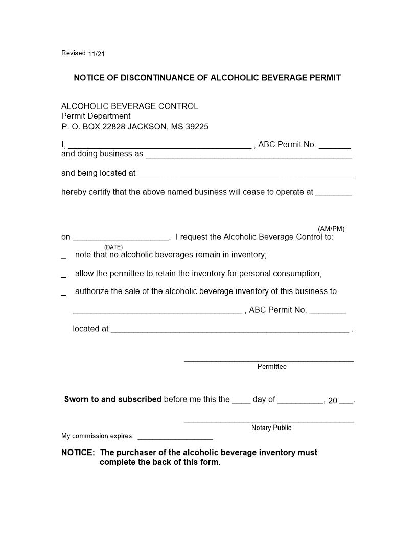 Notice Of Discontinuance Of Alcoholic Beverage Permit | Pdf Fpdf Doc Docx | Mississippi