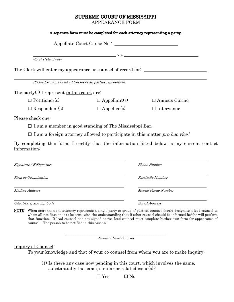 Appearance Form | Pdf Fpdf Doc Docx | Mississippi