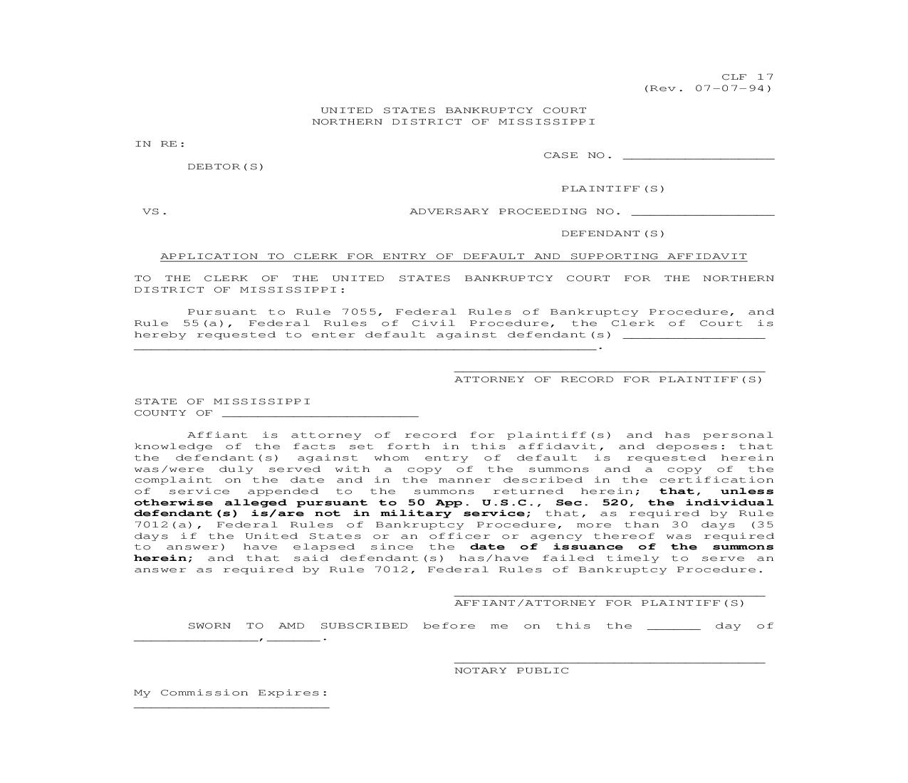 Application To Clerk For Entry Of Default And Supporting Affidavit {CLF-17} | Pdf Fpdf Doc Docx | Mississippi
