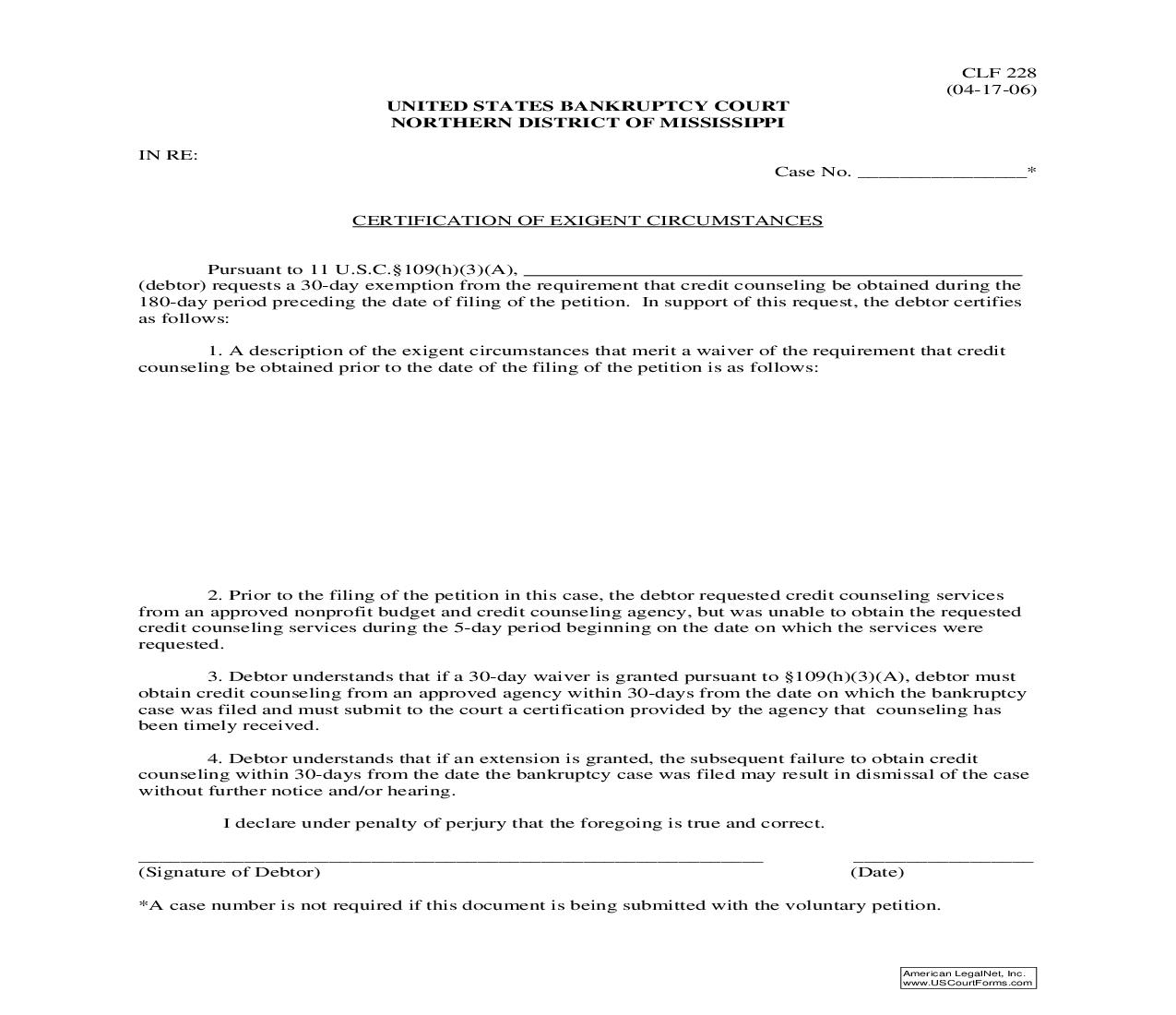 Certification Of Exigent Circumstances {CLF-228} | Pdf Fpdf Doc Docx | Mississippi