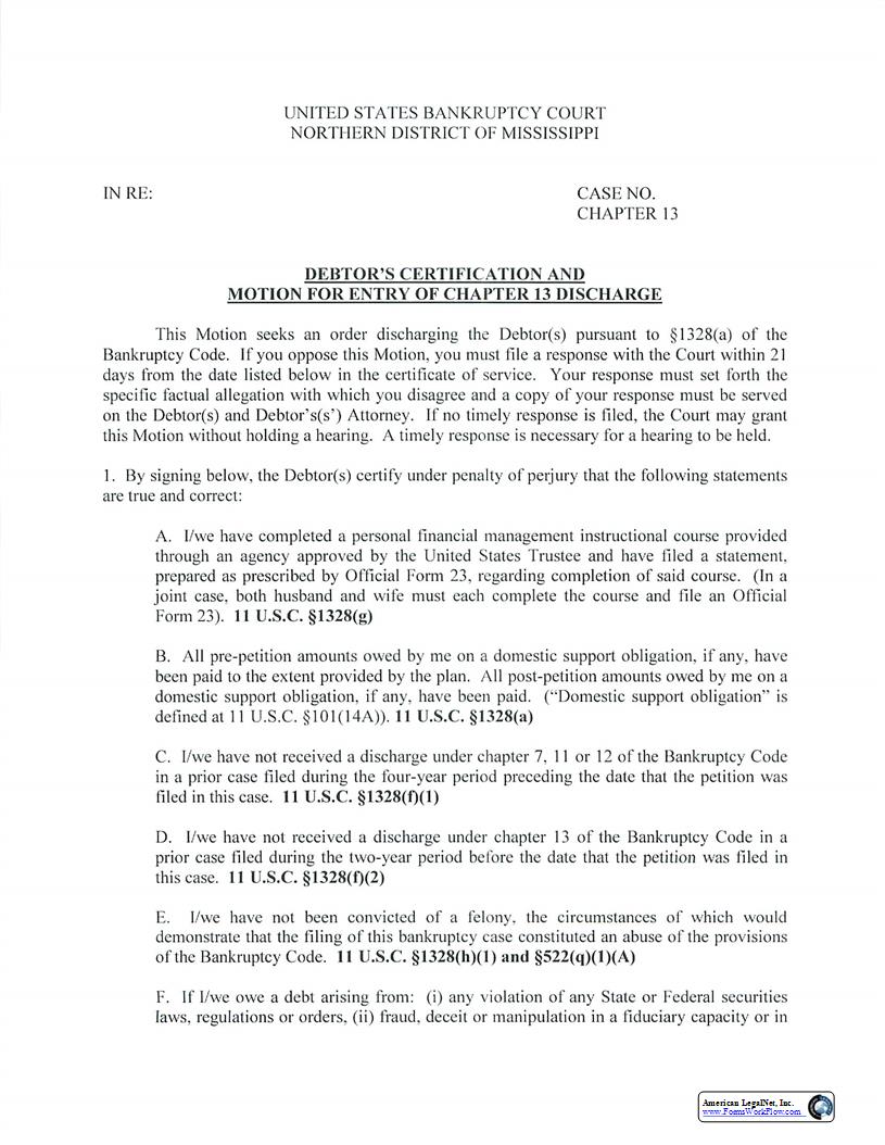 Debtors Certification And Motion For Entry Of Chapter 13 Discharge | Pdf Fpdf Docx | Mississippi