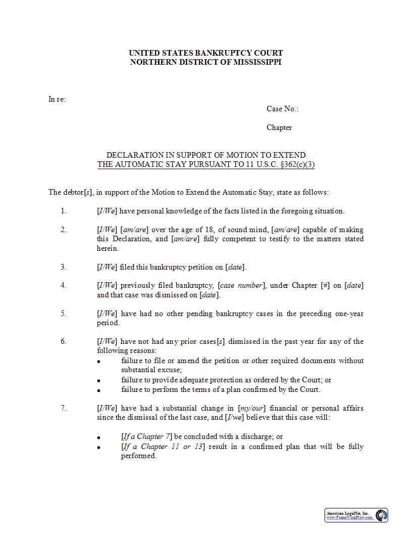Declaration In Support Of Motion To Extend The Automatic Stay | Pdf Fpdf Docx | Mississippi