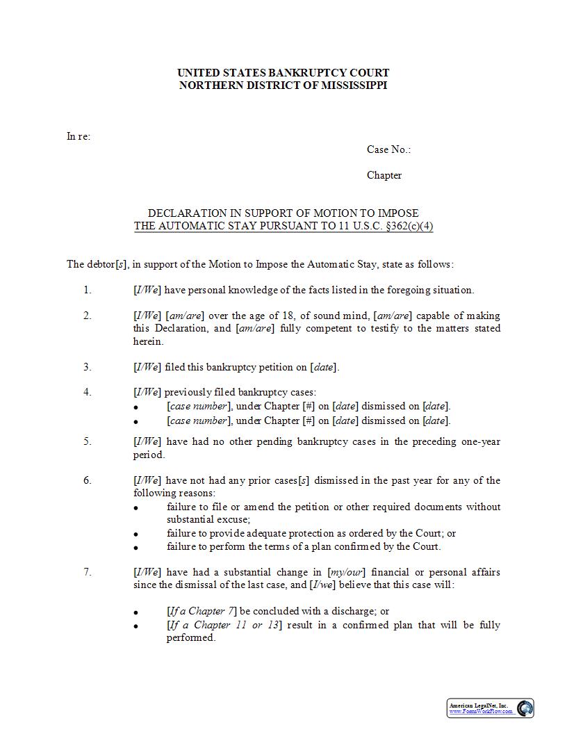 Declaration In Support Of Motion To Impose The Automatic Stay | Pdf Fpdf Docx | Mississippi