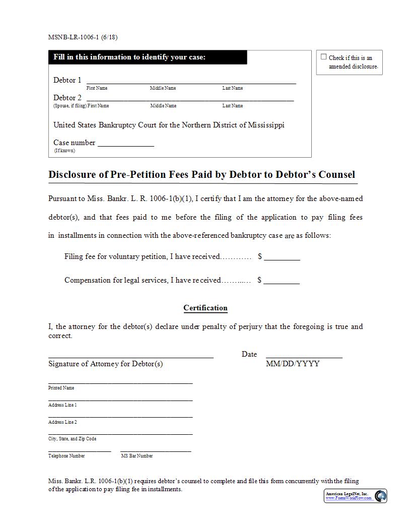 Disclosure Of Pre-Petition Fees Paid by Debtor To Debtors Counsel {MSNB-LR-1006-1} | Pdf Fpdf Docx | Mississippi