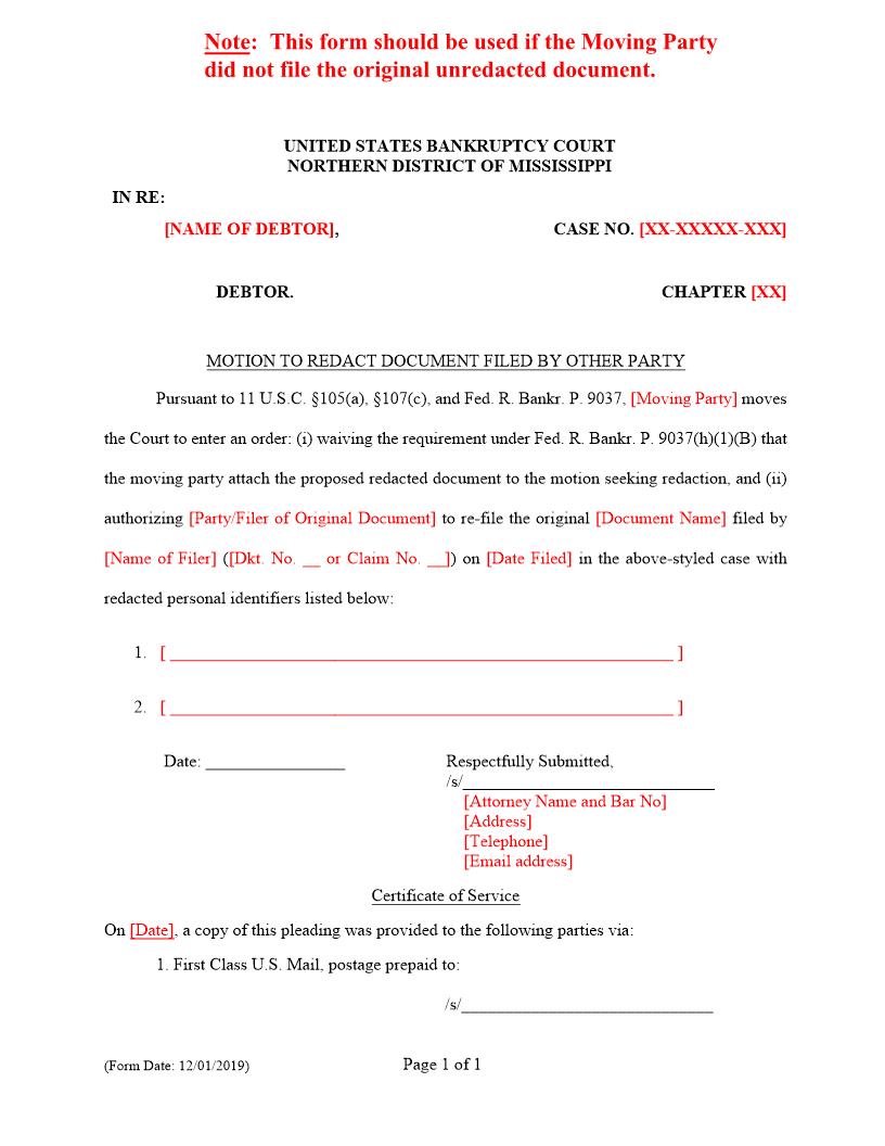 Motion To Redact Document Filed By Other Party | Pdf Fpdf Docx | Mississippi