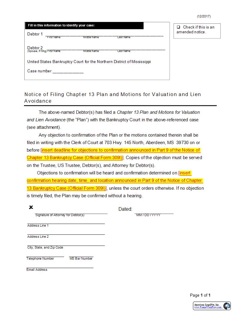 Notice Of Filing Chapter 13 Plan | Pdf Fpdf Docx | Mississippi