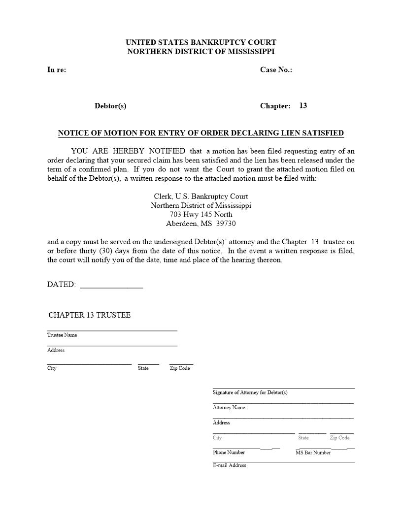 Notice Of Motion For Entry Of Order Declaring Lien Satisfied | Pdf Fpdf Docx | Mississippi