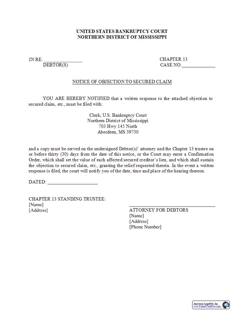 Notice Of Objection To Secured Claim | Pdf Fpdf Docx | Mississippi