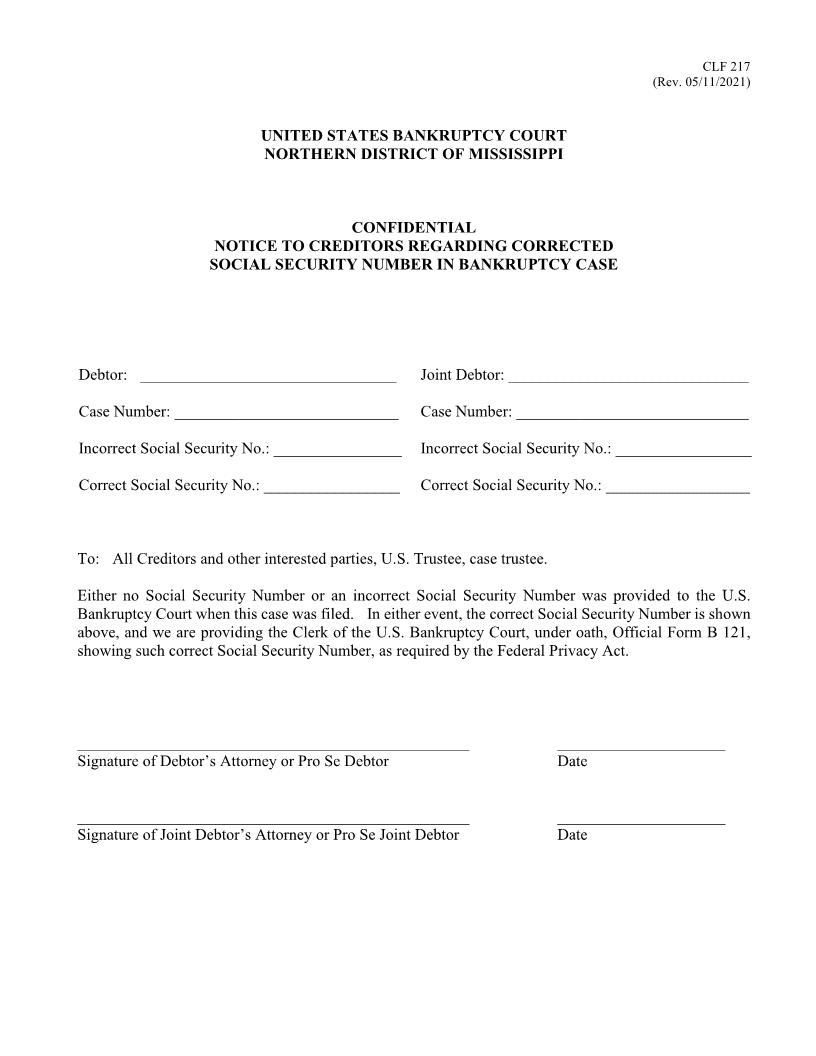 Notice Of Social Security Number In Bankruptcy Case {CLF-217} | Pdf Fpdf Doc Docx | Mississippi