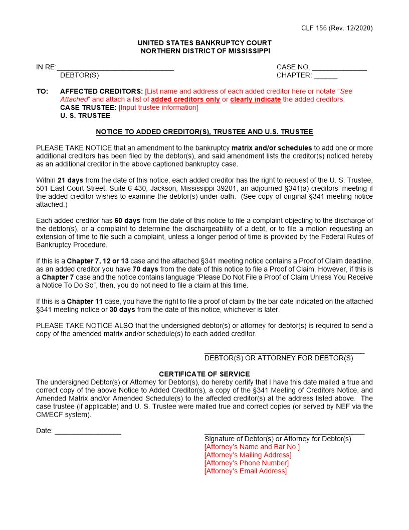 Notice To Each Added Creditor Trustee And US Trustee {CLF-156} | Pdf Fpdf Docx | Mississippi