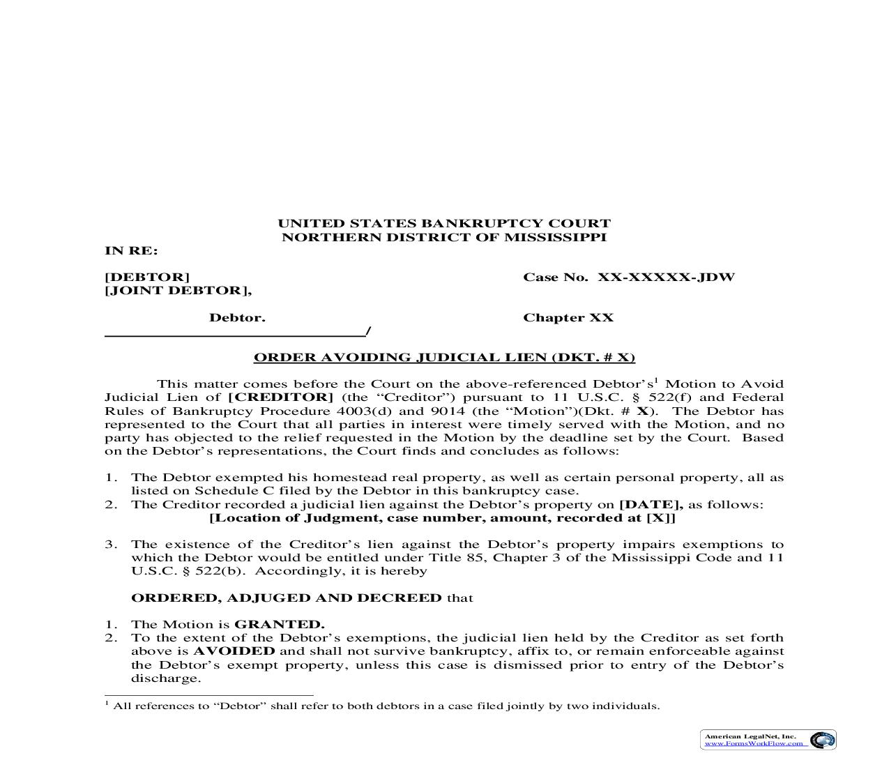 Order Avoiding Judicial Lien | Pdf Fpdf Doc Docx | Mississippi