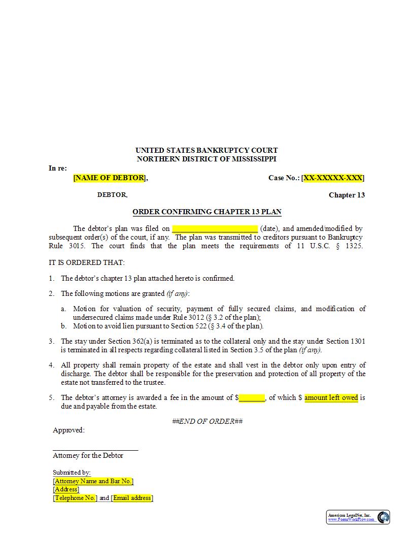 Order Confirming Chapter 13 Plan | Pdf Fpdf Docx | Mississippi