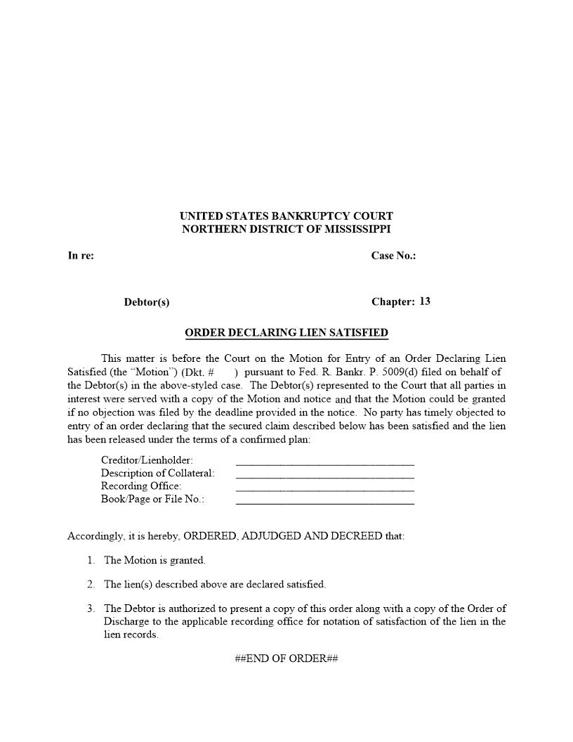 Order Declaring Lien Satisfied | Pdf Fpdf Docx | Mississippi
