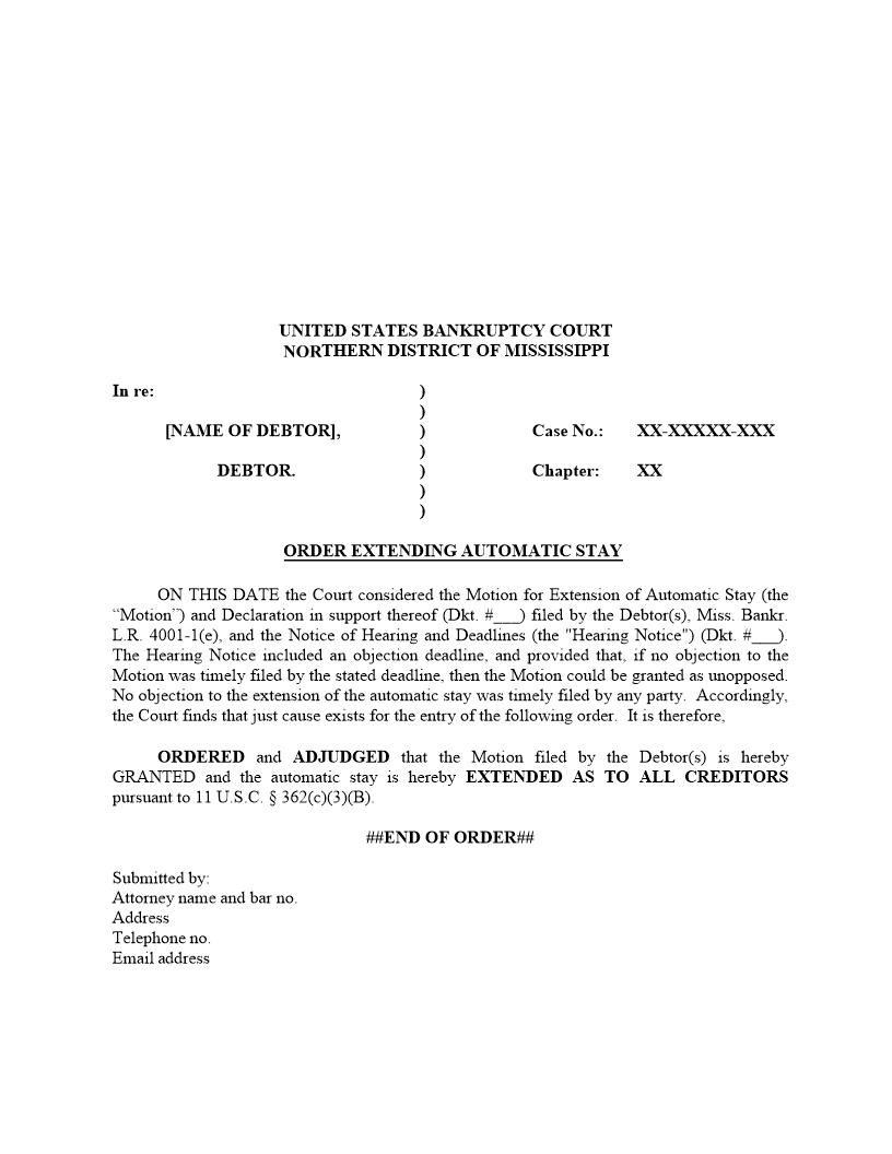 Order Extending Automatic Stay | Pdf Fpdf Doc Docx | Mississippi