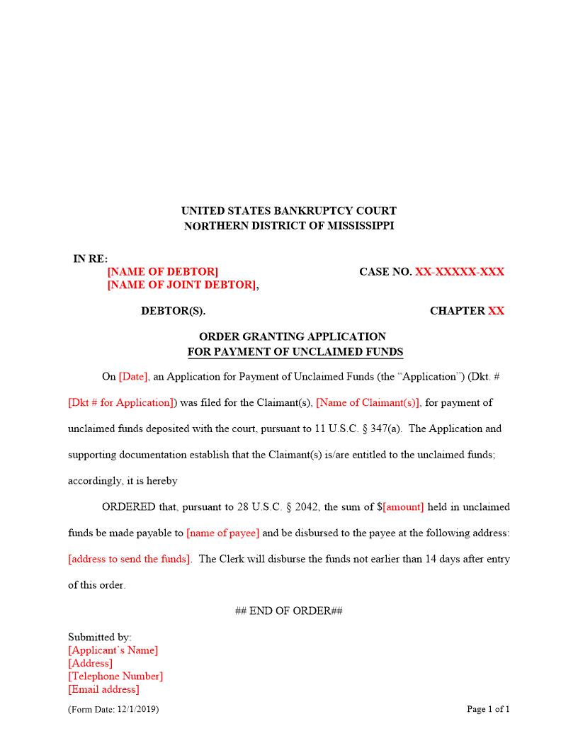 Order Granting Application For Payment Of Unclaimed Funds | Pdf Fpdf Docx | Mississippi