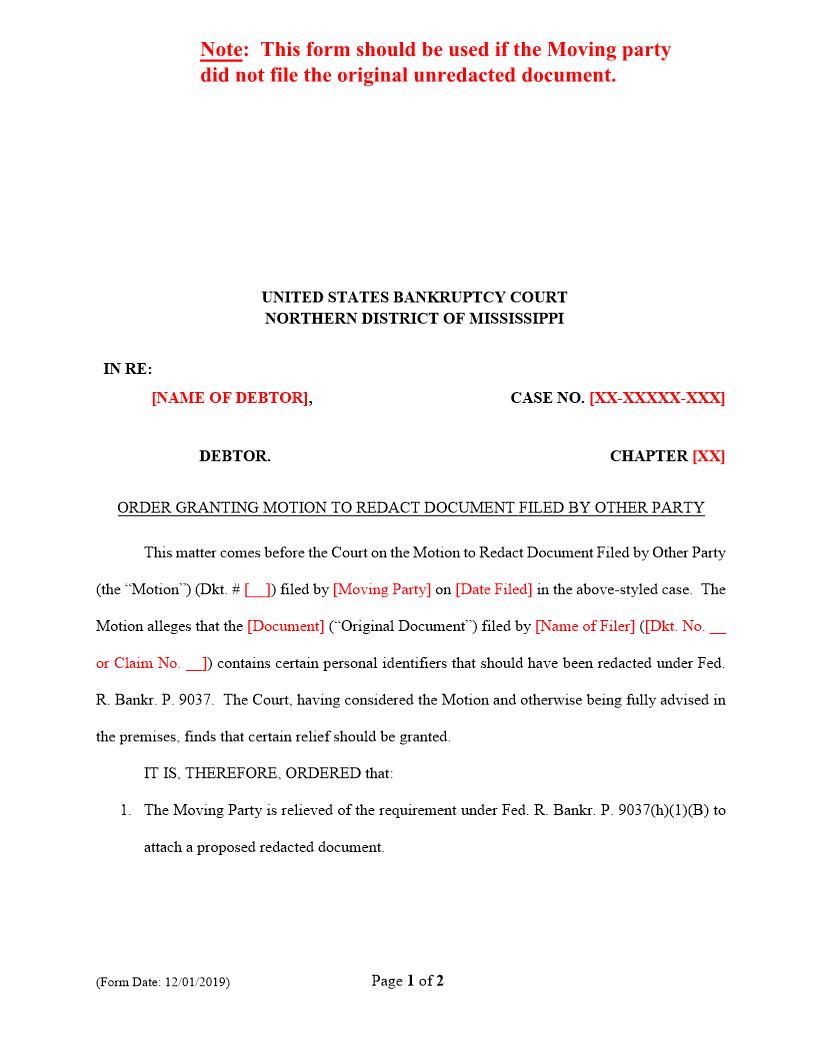 Order Granting Motion To Redact Document Filed By Other Party | Pdf Fpdf Docx | Mississippi