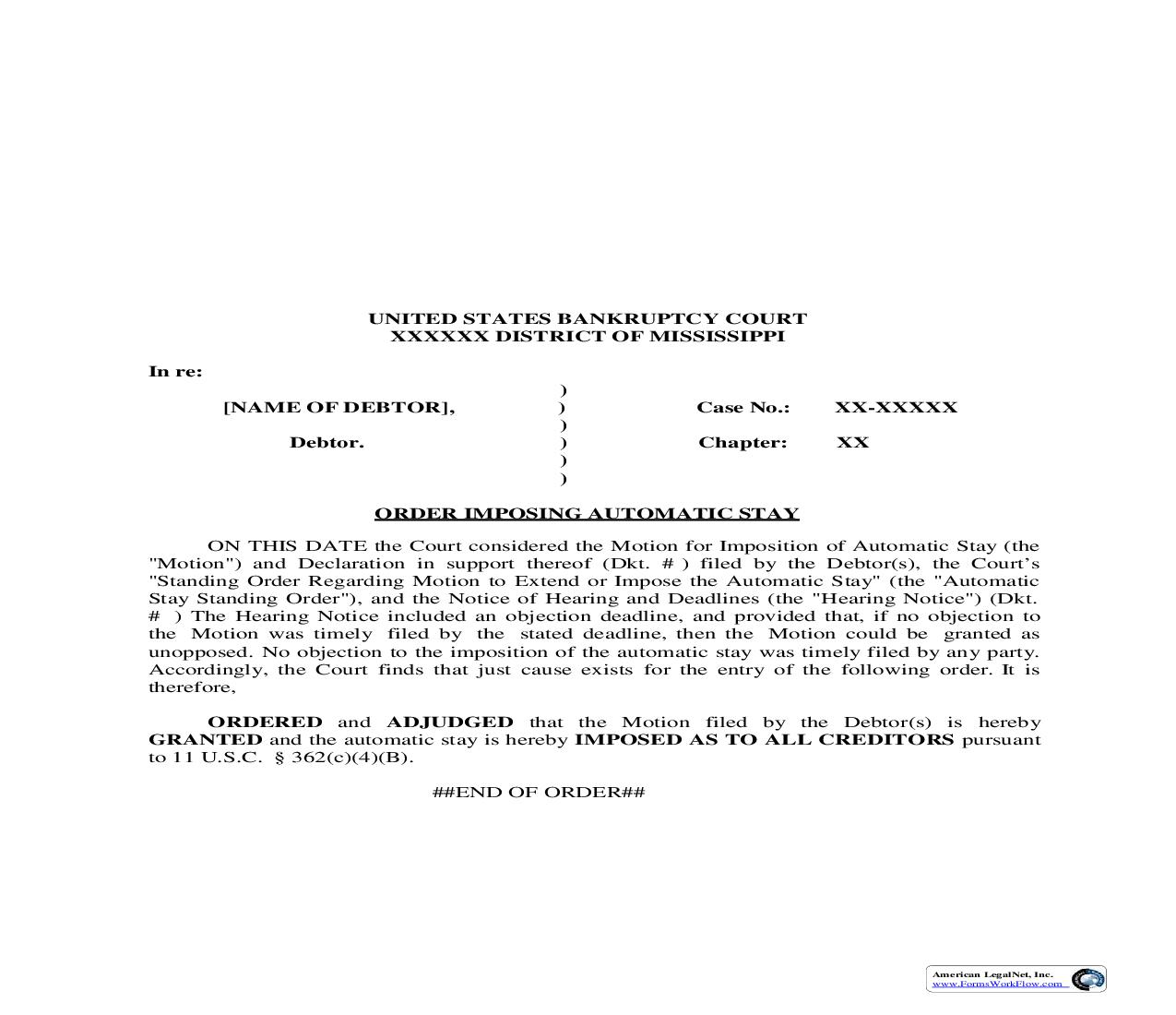 Order Imposing Automatic Stay | Pdf Fpdf Doc Docx | Mississippi