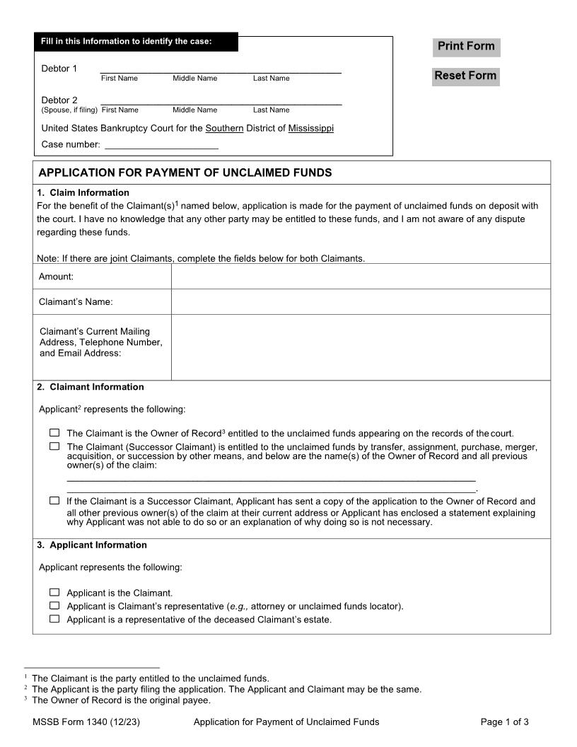 Application For Payment Of Unclaimed Funds {MSSB-1340} | Pdf Fpdf Docx | Mississippi