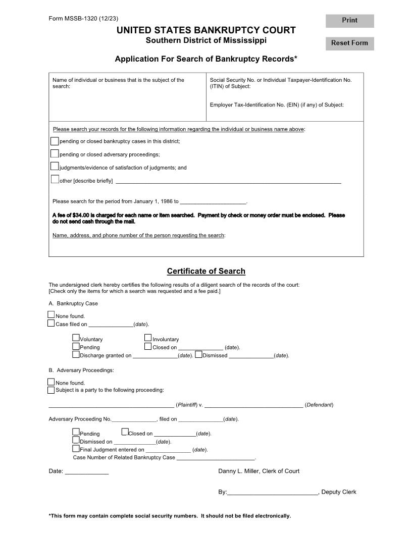 Application For Search Of Bankruptcy Records {MSSB-1320} | Pdf Fpdf Doc Docx | Mississippi