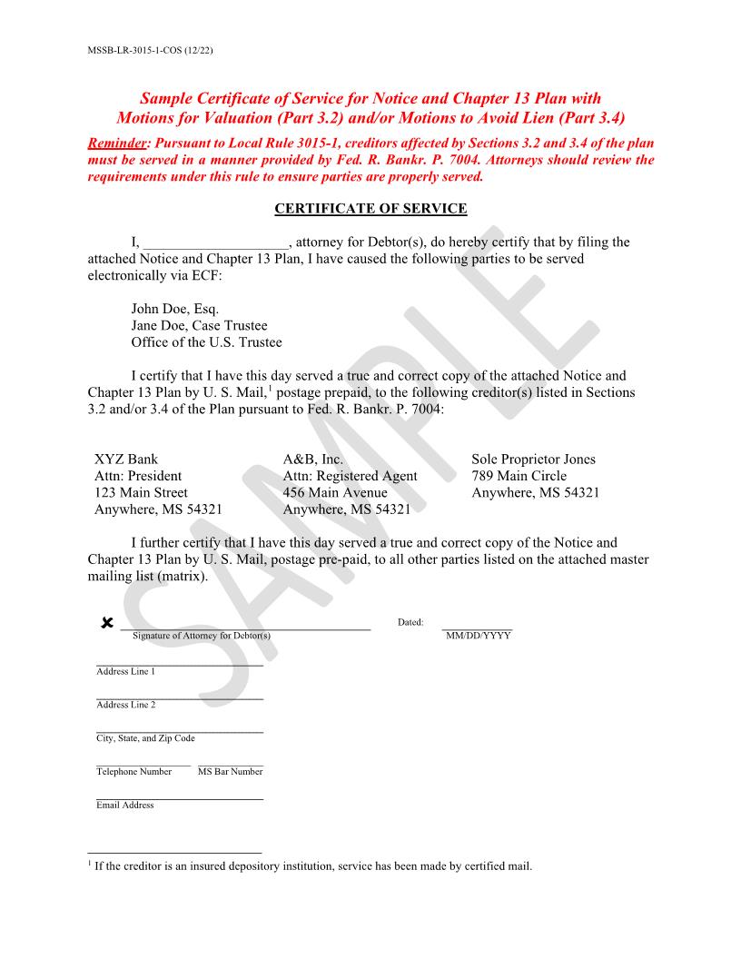 Certificate Of Service Re Notice Of Filing Chapter 13 Plan {MSSB-LR-3015-1-COS} | Pdf Fpdf Docx | Mississippi