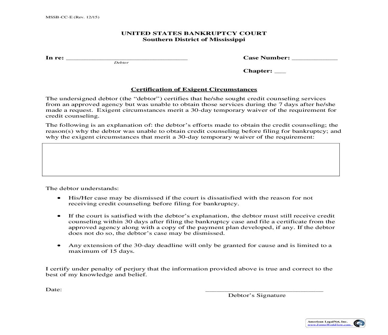 Certification Of Exigent Circumstances {MSSB-CC-E} | Pdf Fpdf Doc Docx | Mississippi